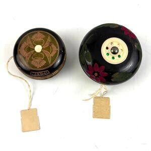Authentic Vintage Mexico Carved Wood Yo-Yo Hand Painted Floral Design Toys Lot